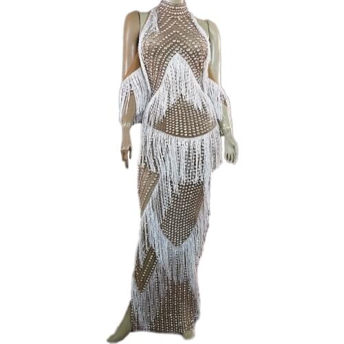 New Sparkly Silver Crystals Mesh Long Dress Wedding Birthday Celebrate See Through Transparent Dress Stage Sexy Costume
