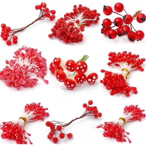 New Arrival Mix Sizes Mixed Red Artificial Flower Cherry Stamen Berries Bundle DIY Wedding Cake Gift Box Decoration