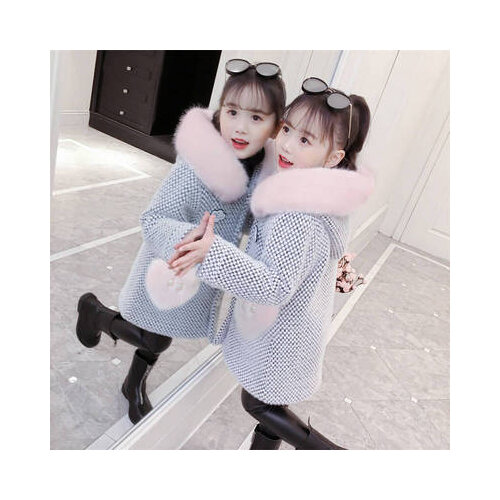 Fall Winter Outerwear For Girls Fashion Mink Velvet Woolen Coat 3-14 Years Kids Noble Overcoat Childrens Fur Collar Jacket P57