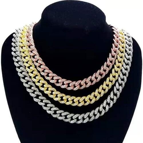 Iced Out Paved Bling Rhinestones Curb Cuban Chains Necklace Hip Hop Gold Rose Gold Slver Color Necklace for Men Fashion Jewelry