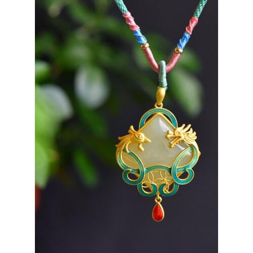 Prosperity Brought by the Dragon and the Phoenix Hetian Jade Necklace Womens Sterling Silver Chinese Style Ethnic Style Vintage