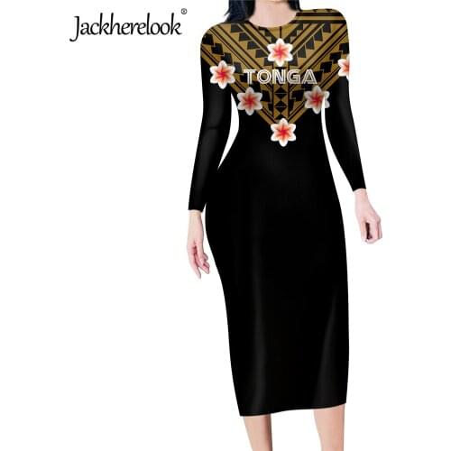 Jackherelook Polynesian Tattoo Floral Print Elegant Woman Bodycon Pencil Dress Tonga Tribal Design Office Ladies Midi Dresses