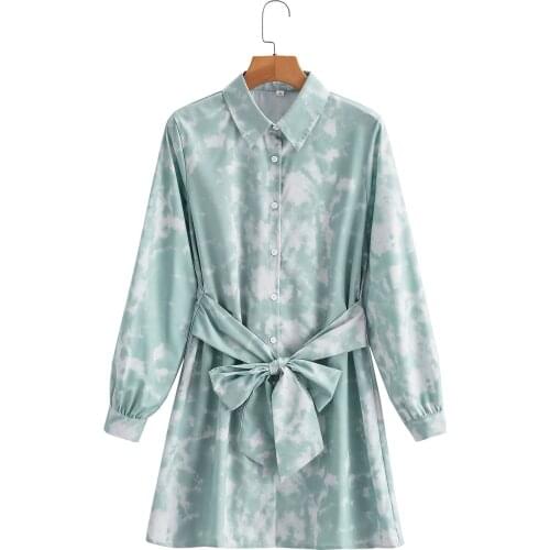 Summer Women Dress Tie Dye Color Long Sleeve Belt Bow Autumn Elegant Fashion Casual Female Vestido New Hot Shirt Sundress C2811