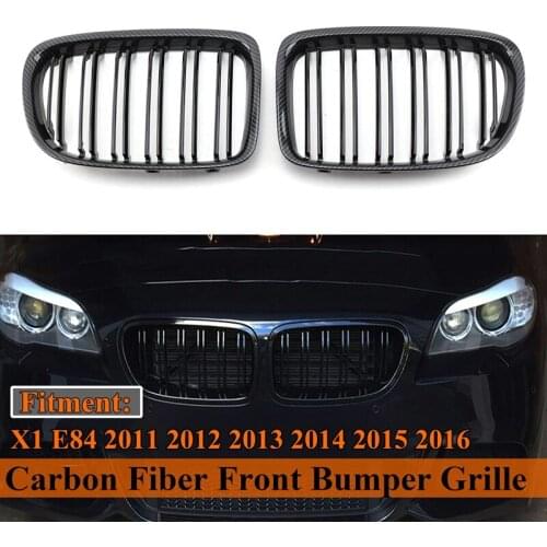 Front Bumper Grille, For-BMW X1 E84 2011-2016 Double Line Kidney Grille Mesh Grille Carbon Fiber