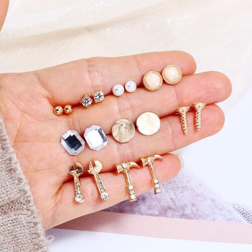 Fashion 9 pairs/set Women Geometric Crystal Stud Earrings for Women Piercing Simulated Pearl Gem Earrings Set Party Jewelry