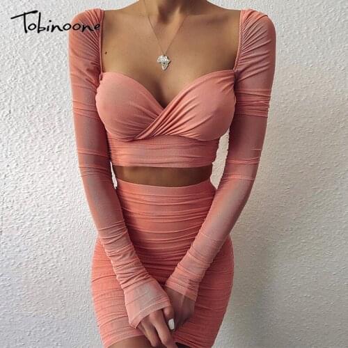 Tobinoone Mesh Ruched Sexy Two Piece Set Women Long Sleeves Backless Crop Top And Skirt Suits Sets Party Club Autumn Outfits