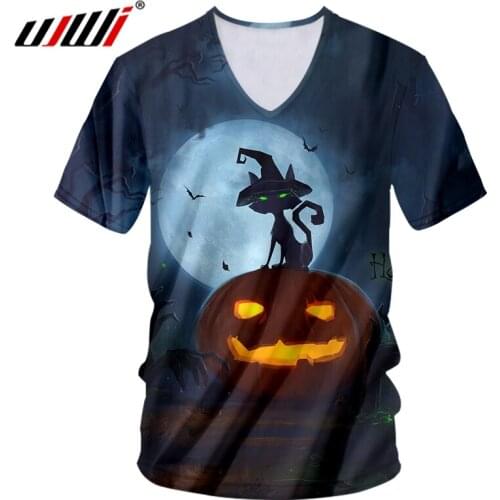 UJWI Halloween New Ghost Pattern 3D Printed V Neck Tshirt Flame Pumpkin And Black Castle Mens Street Clothing T-shirt