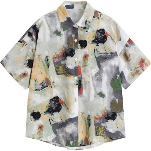 Street Loose Short-Sleeved Print Summer Harajuku Single-breasted Vintage Elegant Blouse Top Female Clothes Loose BF Shirt