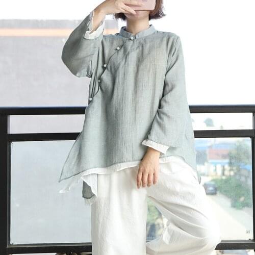 Women Casual Patchwork Blouse Mori girl Loose Chinese Style Shirts Female Plate Button Shirt Tops Ladies 2020 Shirt