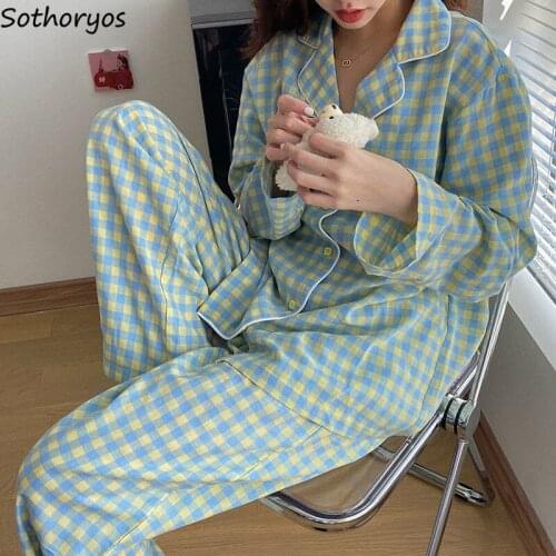 Pajama Sets Women Plaid Sleepwear Lovely Comfortable Long Sleeve Leisure Korean Style Home Wear Pyjamas Nightwear Loose Fashion