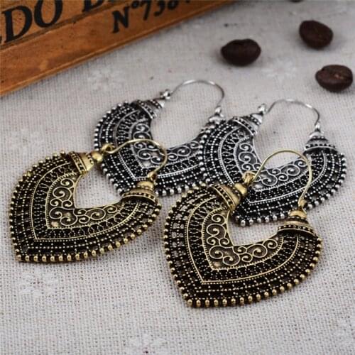 1 Pair Vintage Bohemian Silver Plated Heart Dangle Earring Women Bronze Ethnic Carved Turkish Hanging Earrings