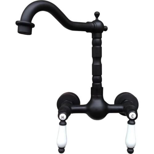 Black Oil Rubbed Brass Bathroom Kitchen Sink Basin Faucet Mixer Tap Swivel Spout Wall Mounted Dual Ceramic Handles mnf523