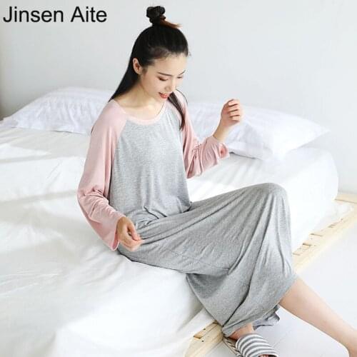 Jinsen Aite Plus Size Womens Nightgowns Sleep Wear Dress Modal Comfortable Summer Long Sleepshirts Patchwork Nightwear JS779