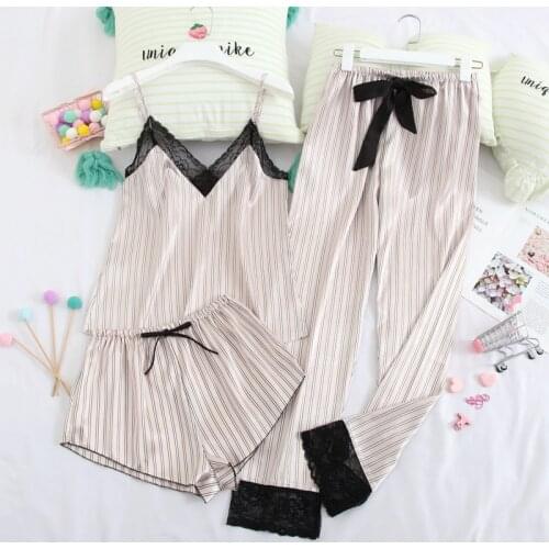 July‘s Song 3 Piece Woman Pajamas Set Stain Silk Sexy Sleepwear Shorts Female Top And Long Pants Strap Sling Summer Pajamy Suit
