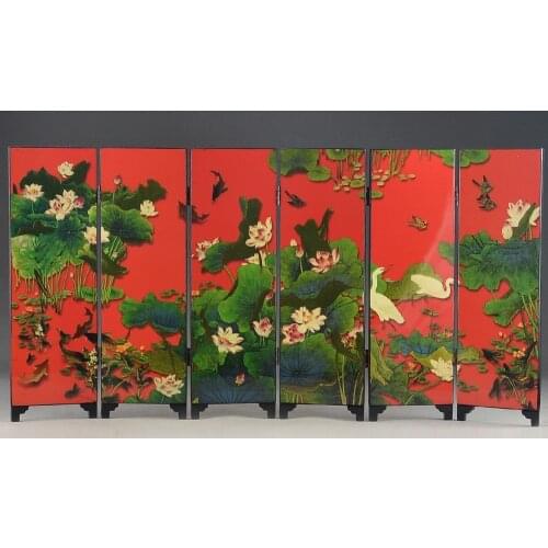 Mini) Exquisite Chinese Classical Lacquer Painted with Beautiful Lotus Folding Screen