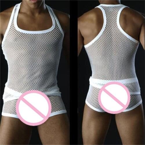 Mens Fishnet See-through Vest Tank Top Mesh Openwork Clubwear Undershirt For Men Nightclub Evening Party Costume