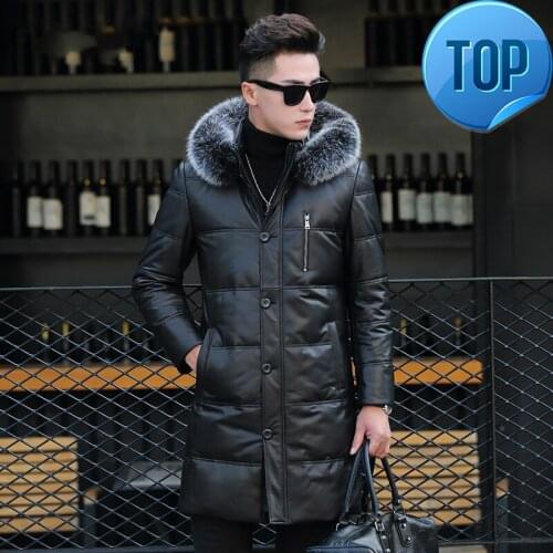Down Genuine Leather Jacket Men Winter Long Mens Sheepskin Coat Fox Fur Collar Chaqueta Cuero Hombre ML-DAF89812 KJ1118