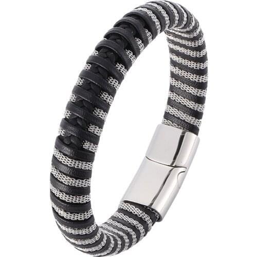 Newest Fashion Steel Chain Braided Leather Bracelet Male Jewelry Punk Magnetic Clasp Leather Wristband Men Birthday Gift SP0400
