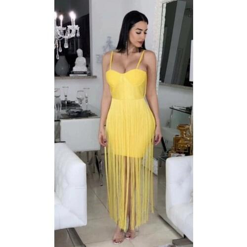 New Fashion Yellow Long Bandage Dresses Elegant Sexy Tassel Maxi Dress Party Vestidos Womens Long Bandage Dresses