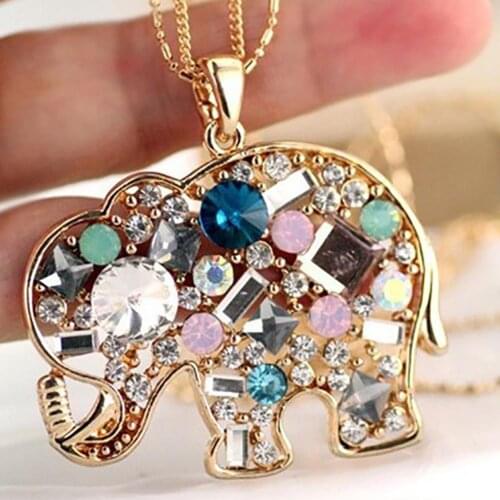 Multicolor Rhinestone Elephant Necklace Long Chain Party Jewelry Sweater Decor stainless steel jewelry woman necklace woman