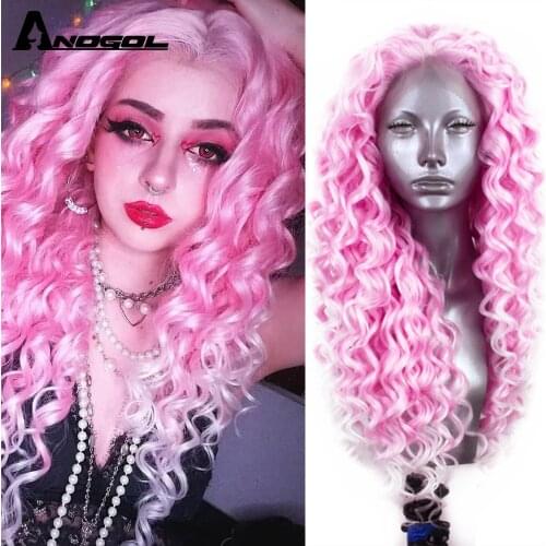 Anogol Pink Synthetic Lace Front Wig with Free Part Afro Long Kinky Curly Wigs Widow Peak for Women High Temperature Fiber