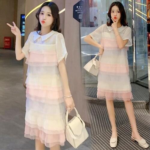 1977# Maternity Dress Summer Chiffon Color Block Short Sleeve Loose Stylish Dress for Pregnant Women Mom Dress