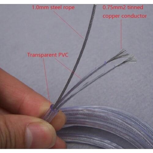 Transparent 2*0.75mm power cord electric cable with 1.0mm supporting steel rope for Lighting lamps electrical wire pendant light