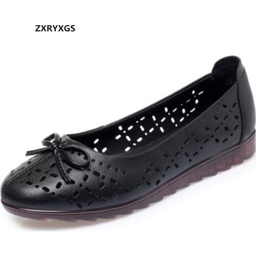 2121 Spring Summer Breathable Hollow Genuine Leather Shoes Womens Sandals Casual Flat Shoes Large Size Sweet Bow Fashion Shoes