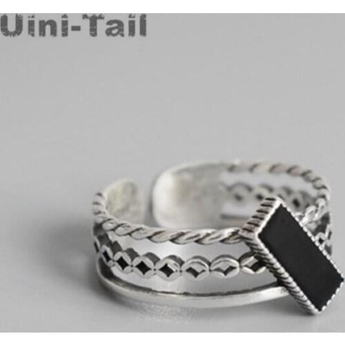 Uini-Tail Hot Sale New 925 Sterling Silver Three-layer Twist Open Ring Simple Retro Black Epoxy Rectangular High Quality Jewelry