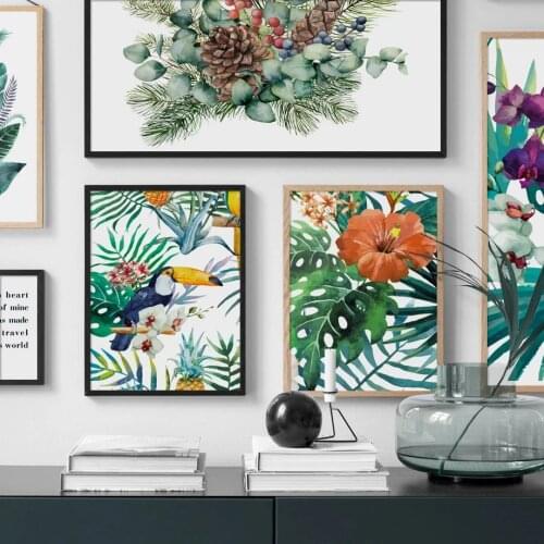 Watercolor Flower Monstera Wall Art Plant Leaves Canvas Painting Nordic Toucan Posters And Print Picture Living Room Home Decor