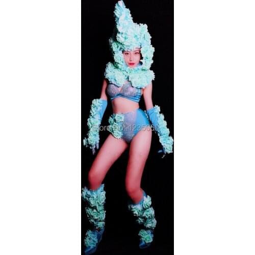 Blue Flowers Rhinestones Bikini Personalized Headgear Women Fashionable Performance Clothes Party Nightclub Outfit Stage Costume