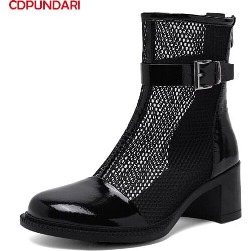 Black White Genuine Leather Patchwork Mesh High heels Ankle Boots Women Spring Summer Short Boots Shoes Bottines Femme