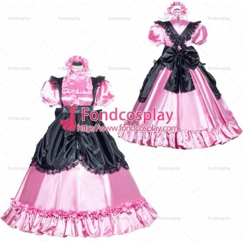 Fondcosplay adult sexy cross dressing sissy maid long French Lockable Pink Satin Dress black apron Uniform Tailor-made[G3993]