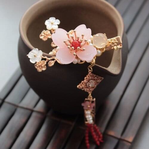 Chinese Style Pink Flower Hairpin Tassel Women Hair Accessories Gold Plated Flower Wedding Hair Jewelry Freshwater Pearl Pins