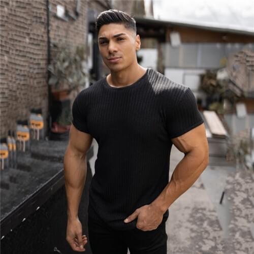 Compression Knitted T-shirt Men Running Sport Skinny Short Sleeve Tee Shirt Gym Clothing Fitness Bodybuilding Workout Black Tops