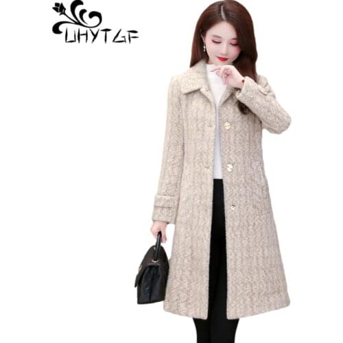 UHYTGF Elegant Womens Coat High-End Imitation Mink Velvet Winter Woolen Jacket Female Mid-Length Casual Plus Size Outerwear 1466