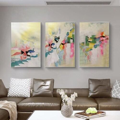Pink Abstract Canvas Oil Handmade Painting For Living Room Home Decoration Three Pieces Wall Art Salon