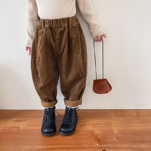 2020 New Winter Children Loose Corduroy Trousers Pure Color Korean Style Unisex Kids Cross-pants
