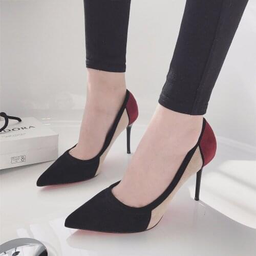 New women high heel pumps Colorblock fashion sexy party shoes flock thin heel slip on wedding heels brand RUIDENG high quality