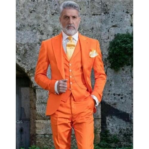 New Style Slim Men Suit Orange Peak Lapel Bridegroom Business Casual Evening Tuxedo 3 Pcs ( Blazer+Pant+Vest) Custom Man Suit
