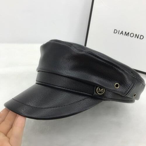 Autumn winter leather NAVY HAT Black PU Beret fashion British retro cap