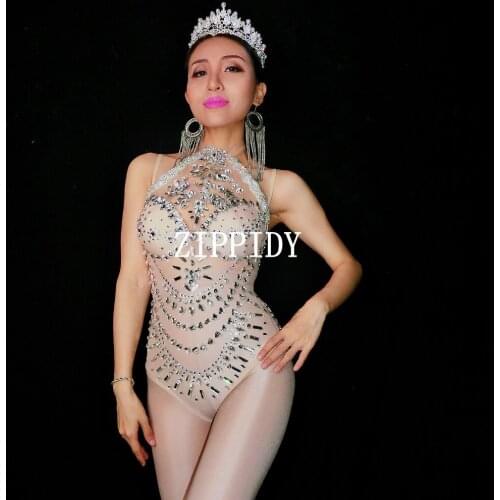 Perspective Mesh Bodysuit Performance Celebrate Dance Costume Silver Sparkly Rhinestones Leotard Glasses Stones Dance Clothing
