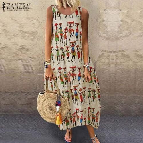 ZANZEA 2021 Summer Women Dress Vintage Printed Sleeveless Sundress Tanks Vestido Sarafans Loose Cotton Linen Dresses Robe Femme
