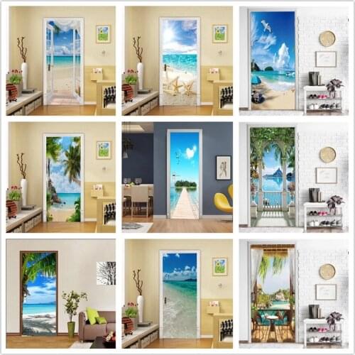 Beach Sun Self-adhesive Door Wallpaper 3D PVC Home Design Decoration Sticker Porte Scenery Poster Mural Wall Decals deursticker