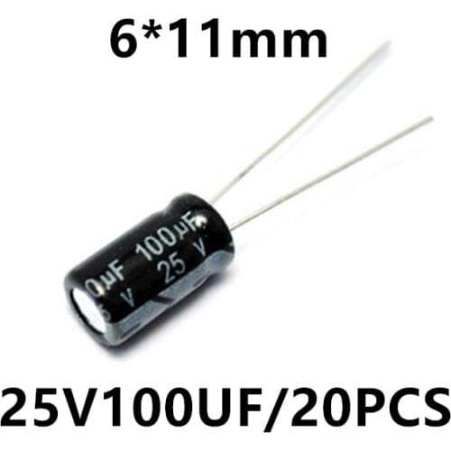 High quality electrolytic capacitor 25V 100uF 6*11mm in-line aluminum electrolytic capacitor 20 pcs