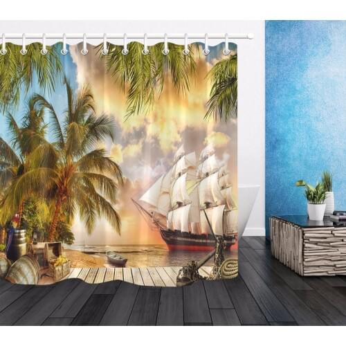 Shower Curtain Seaside Scenery Coconut Tree Bathroom Waterproof Extra Long Polyester Fabric for Bathtub Decor