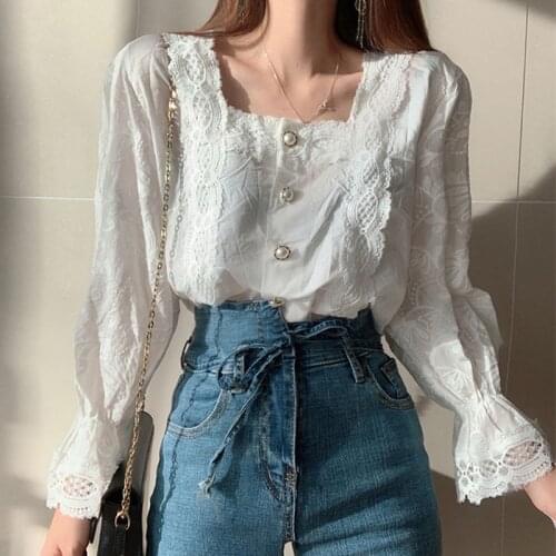 Women Lace Blouses Vintage Square Collar Long Sleeve Elegant Ladies Blouses Shirt Chic Lace Patchwork Loose Summer Blouses