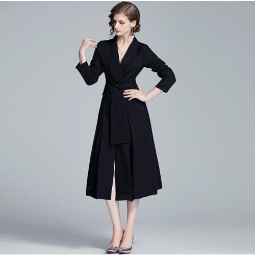 French Style Dresses Womens Autumn Winter New Lace-up High Waist Dress Over The Knee A-line Sashes Turn-down Collar Midi Dress