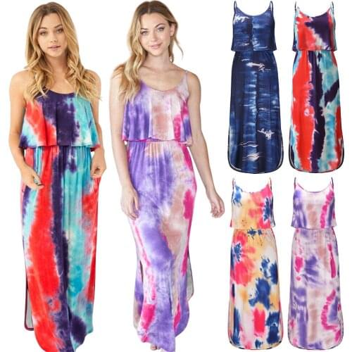 Womens dresses spring and summer printed gradient color sexy waist elastic sling dresses Beach Boho Sundress dress