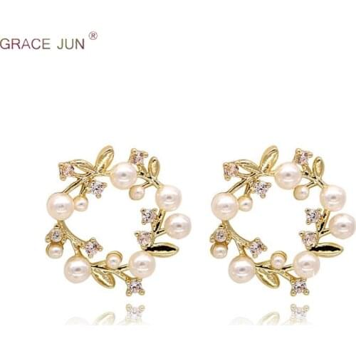 GRACE JUN New Arrival CZ Pearl Clip on Earrings and Pierced Earrings for Women Party Wedding Elegant Wreath Earrings Hot Sale